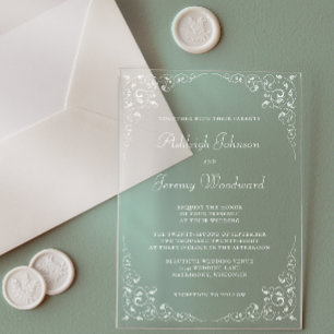 Invitations En Acrylique Cadre botanique élégant vintage blanc script