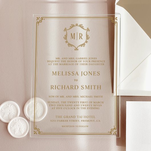 Invitations En Acrylique Cadre de blason de monogramme minimal or mariage