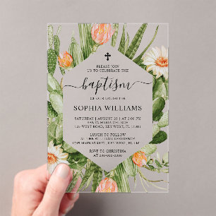 Invitations En Acrylique Cadre de fleurs de cactus Baptême