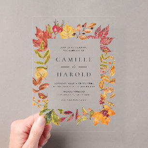 Invitations En Acrylique Cadre de mariage aux feuilles d'automne chaudes à