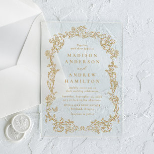 Invitations En Acrylique Cadre de mariage floral victorien or élégant