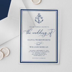 Invitations En Acrylique Cadre de monogramme d'ancre nautique Mariage Navy