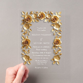 Invitations En Acrylique Cadre de roses en relief faux or mariage transpare