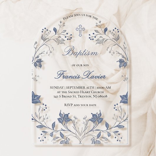Invitations En Acrylique cadre élégant de feuillage bleu Baptême