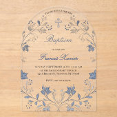 Invitations En Acrylique cadre élégant de feuillage bleu Baptême (Recto)