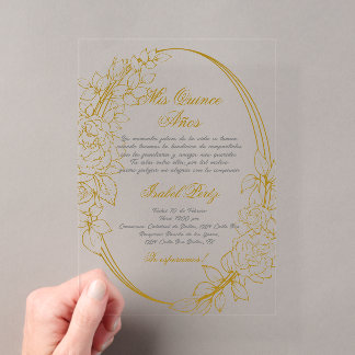 Invitations En Acrylique Cadre en Acrylic Gold pour Quinceanera espagnole