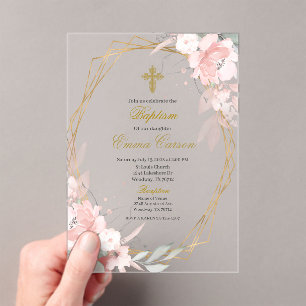 Invitations En Acrylique Cadre en or acrylique baptême floral rose blush