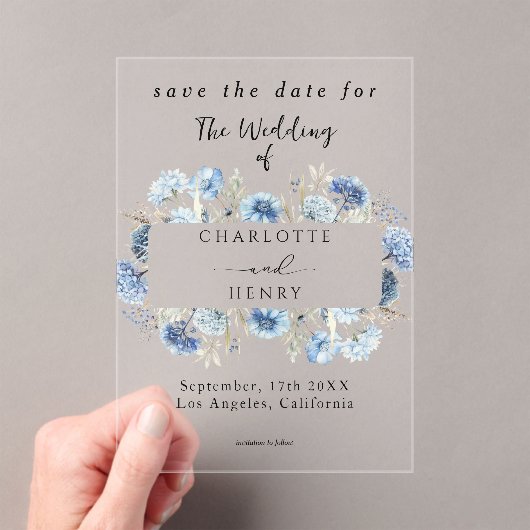 Invitations En Acrylique Cadre Fleur sauvage Bleu Élégant Enregistrer La Da (In situ (ordinateur de poche))