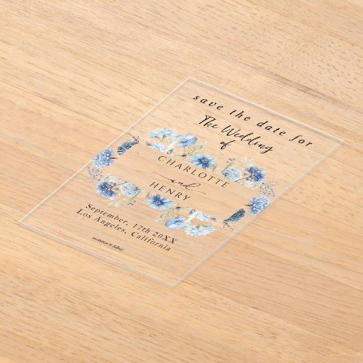 Invitations En Acrylique Cadre Fleur sauvage Bleu Élégant Enregistrer La Da (Poser)
