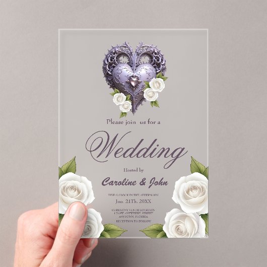 Invitations En Acrylique Cadre floral avec coeur et roses blanches (In situ (ordinateur de poche))