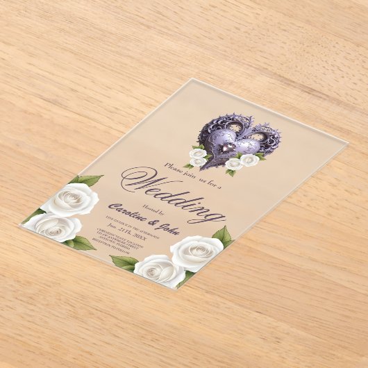 Invitations En Acrylique Cadre floral avec coeur et roses blanches (Poser)