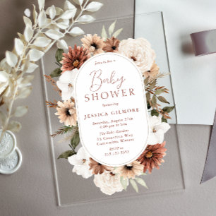 Invitations En Acrylique Cadre floral bohème Baby Shower neutre