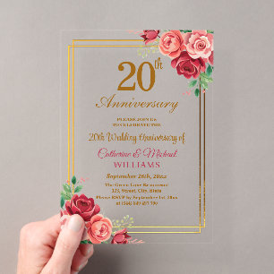 Invitations En Acrylique Cadre floral doré pour les 20 ans de mariage