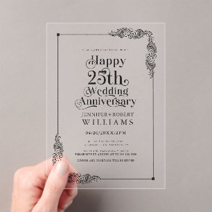 Invitations En Acrylique Cadre floral doré pour les 25 ans de mariage