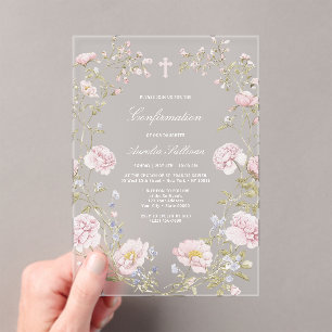 Invitations En Acrylique Cadre floral rose confirmation