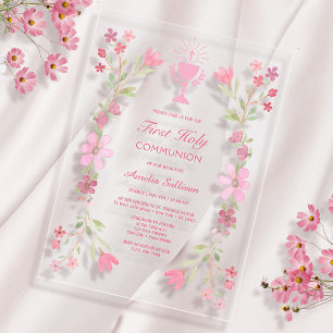 Invitations En Acrylique Cadre floral rose Première Sainte Communion Clair