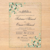 Invitations En Acrylique Cadre Or Vert Feuille Musulman musulman Mariage (Recto)