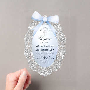 Invitations En Acrylique Cadre Pailleté Argent Ruban Bleu Baptême
