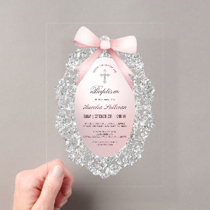 Invitations En Acrylique Cadre Pailleté Argent Ruban Rose Baptême