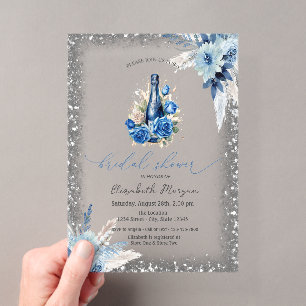 Invitations En Acrylique Cadre pailleté pour bouteille de vin à fleurs bleu