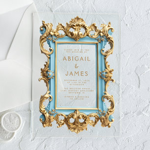 Invitations En Acrylique Cadre Rococo Vintage Bleu Bébé Or Mariage