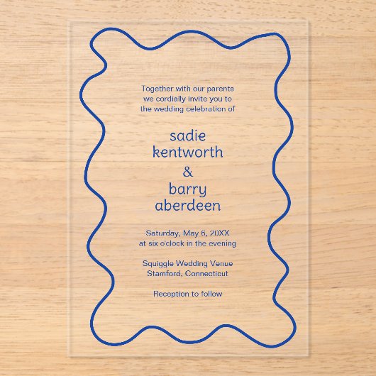 Invitations En Acrylique Cadre simple Cobalt Blue Squiger Mariage moderne (Recto)
