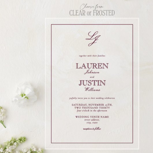 Invitations En Acrylique Calligraphie de Bourgogne classique Mariage de mon