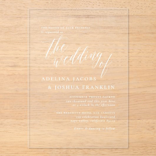 Invitations En Acrylique Calligraphie de script simple Mariage élégant (Recto)