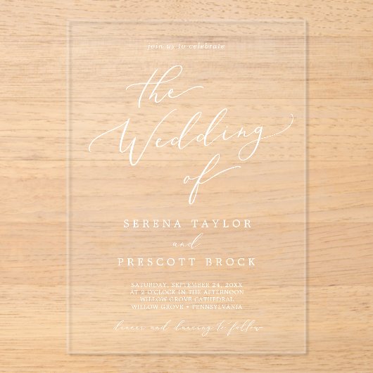 Invitations En Acrylique Calligraphie délicate Blanc moderne Mariage classi (Recto)