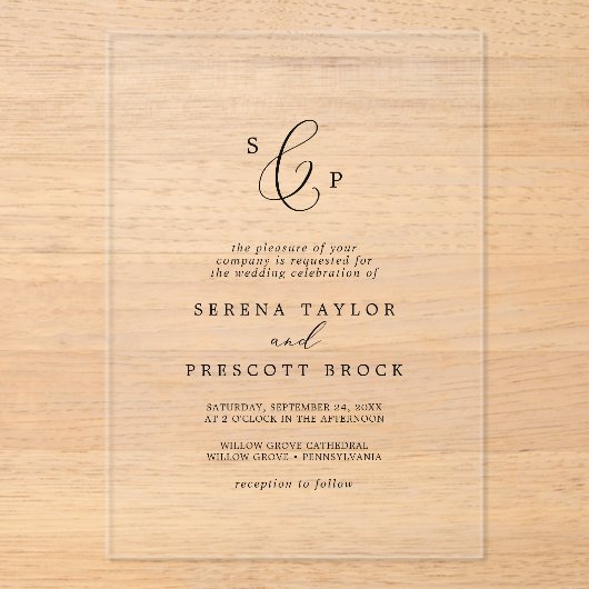 Invitations En Acrylique Calligraphie délicate Monogramme Mariage élégant (Recto)