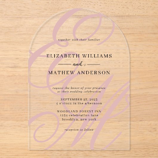 Invitations En Acrylique Calligraphie Dusty Pink Monogram Mariage Arch (Recto)