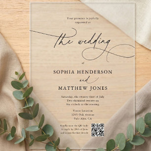 Invitations En Acrylique Calligraphie minimaliste Code QR Mariage
