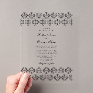 Invitations En Acrylique Calligraphie noir et blanc Mariage damassé vintage