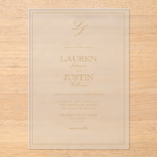 Invitations En Acrylique Calligraphie or classique Mariage Monogramme (Recto)