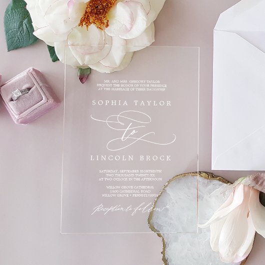 Invitations En Acrylique Calligraphie romantique Élégant Blanc Mariage offi