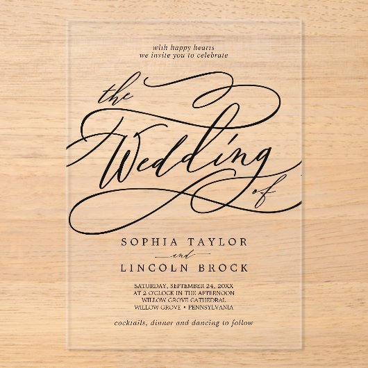 Invitations En Acrylique Calligraphie romantique Fancy Élégant Mariage clas (Recto)