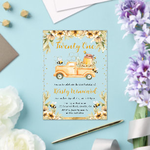 Invitations En Acrylique Camion Abeille d'Été & Tournesols 21e Anniversaire