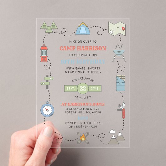 Invitations En Acrylique Camping à tout âge fête d'anniversaire (In situ (ordinateur de poche))