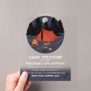 Invitations En Acrylique Camping Aventure de plein air Feu de camp Fête d'a