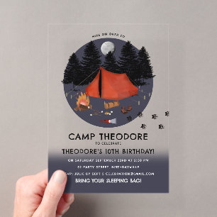 Invitations En Acrylique Camping Aventure de plein air Feu de camp Fête d'a