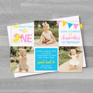 Invitations En Acrylique Canard en caoutchouc aquarelle fille 3 Photo Anniv