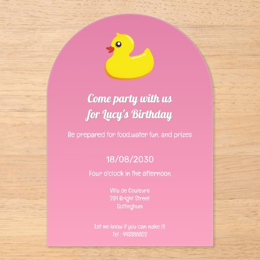 Invitations En Acrylique canard en caoutchouc en rose - fête d'anniversaire (Recto)