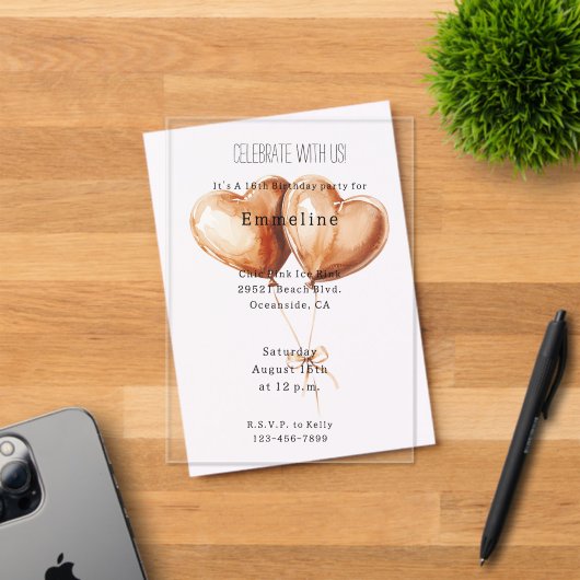 Invitations En Acrylique Caramel Heart Balloons Birthday (Insitu (Carte d'invitation))