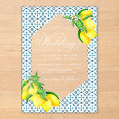 Invitations En Acrylique Carreaux bleu sicilien Mariage citron bois d'été (Recto)