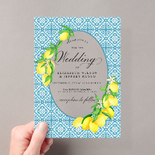 Invitations En Acrylique Carreaux Bleus Siciliens Mariage Bohème Été Citron