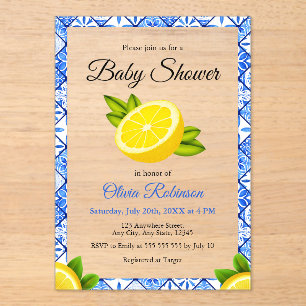 Invitations En Acrylique Carrelage bleu italien Positano Baby shower citron