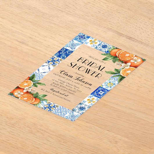 Invitations En Acrylique Carrelage Bleu Moderne Oranges Fête de Mariage Ita (Poser)