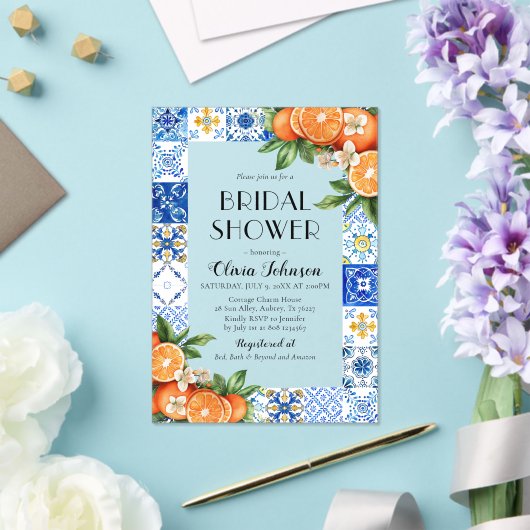 Invitations En Acrylique Carrelage Bleu Moderne Oranges Fête de Mariage Ita (Insitu (Mariage))