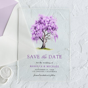 Invitations En Acrylique Carte de mariage arbre floral de glycine violette