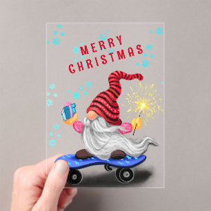 Invitations En Acrylique Carte de Noël Gnome Patineur avec Cadeaux